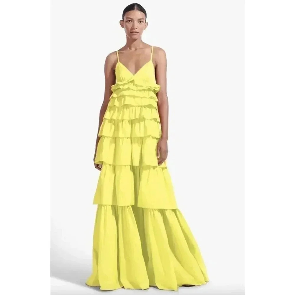 Staud Rylie Green Sleeveless Tiered BOUGAINVILLEA Ruffled Maxi Dress Sz L - Picture 3 of 16